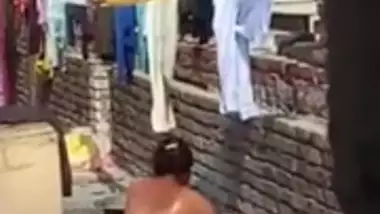 Aunty Bathing Topless in Terrace..