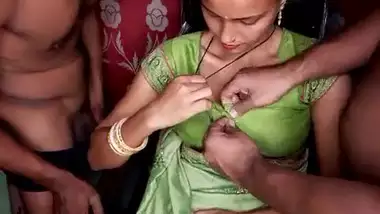 Girl in green saree and black bra boobs exposed by two men