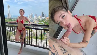 Cum in my GF’s Mouth in Public on Balcony