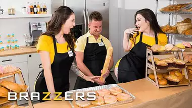 Brazzers - Slutty Girls Maddy May & Lily Lou Share Van's Big Cock While At Work At The Bakery